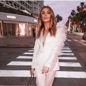 House of CB Orchidea Blush Feather Trimmed Blazer Pant Set